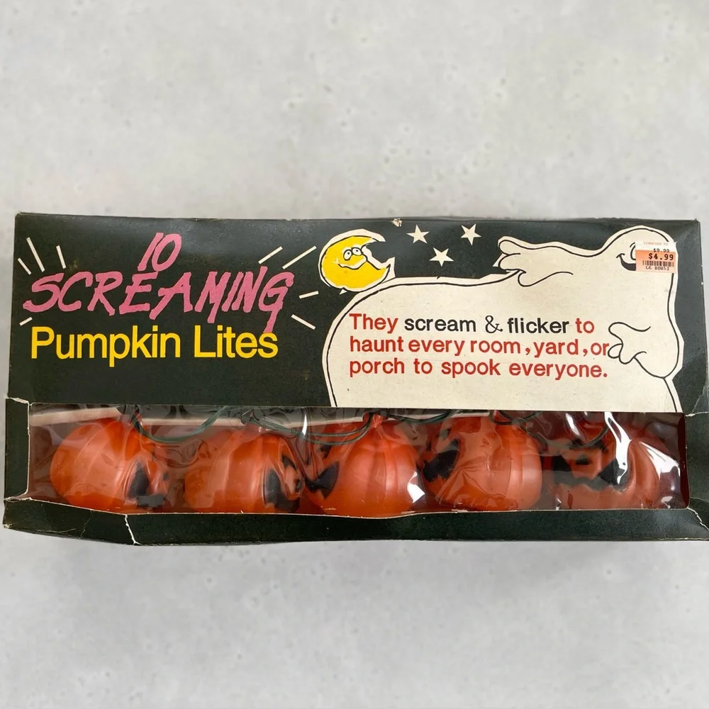 Vintage String of 10 Screaming Pumpkin Lights Blow Mold Retro Halloween